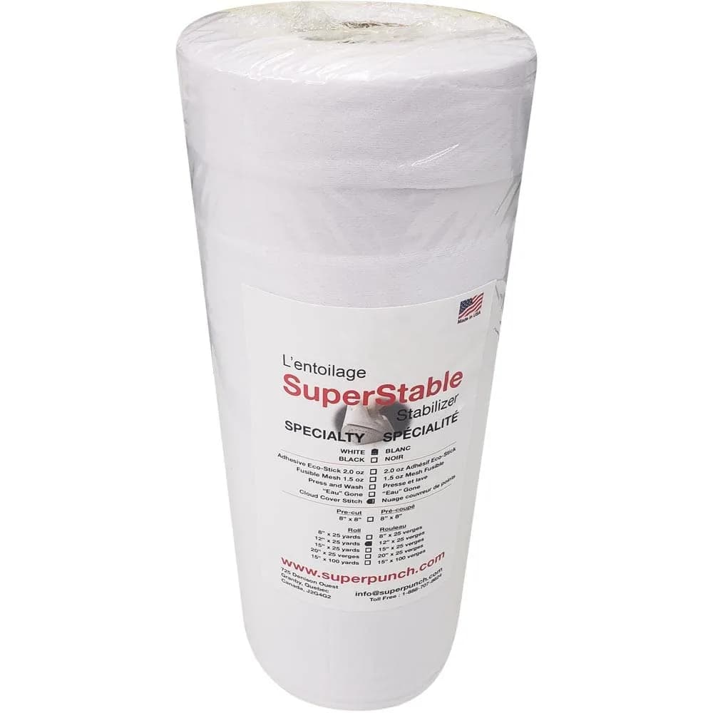 Superpunch Cloud Cover Embroidery Backing White 30.48cm x 9.14m (12 in x 10 yd) | Soft Iron-On Fabric for Itchy Stitches — White / 12" x 25 yards roll