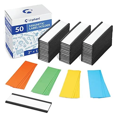 labphant "C" Channel Magnetic Label Holders 1x3 Inch, 50 Pack with 100 White & 20 Colorful Inserts | Heavy Duty Magnet for Shelving, Lockers, Whiteboards thumbnail 1
