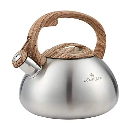 LUXGRACE Stainless Steel Stovetop Tea Kettle 2.2 Quarts | Loud Whistle & Wood Pattern Handle thumbnail 1