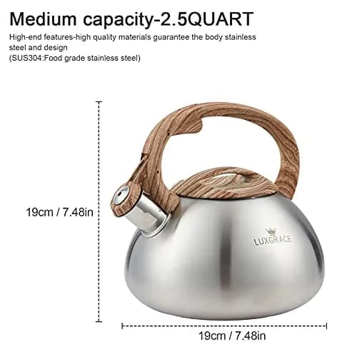 LUXGRACE Stainless Steel Stovetop Tea Kettle 2.2 Quarts | Loud Whistle & Wood Pattern Handle thumbnail 5
