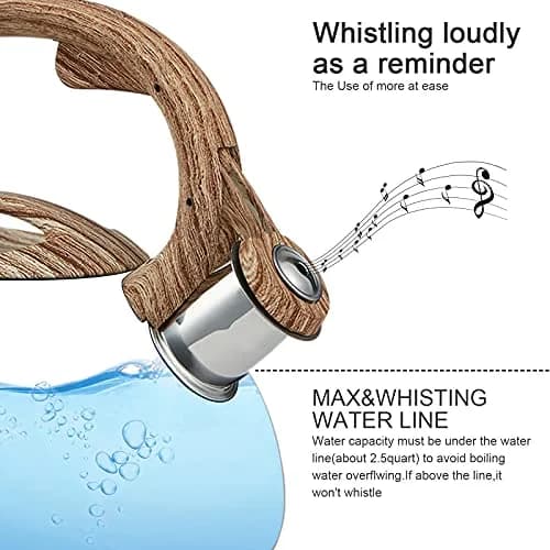 LUXGRACE Stainless Steel Stovetop Tea Kettle 2.2 Quarts | Loud Whistle & Wood Pattern Handle thumbnail 3