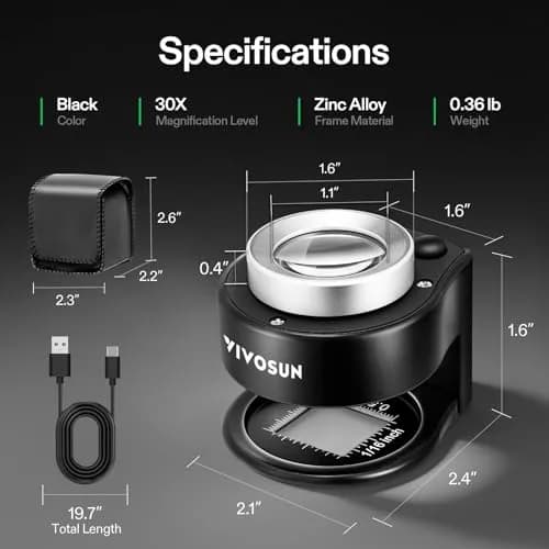 VIVOSUN 30X Rechargeable Loupe Magnifier with LED and UV Light, Black | Optical Glass Lens with Scale thumbnail 2