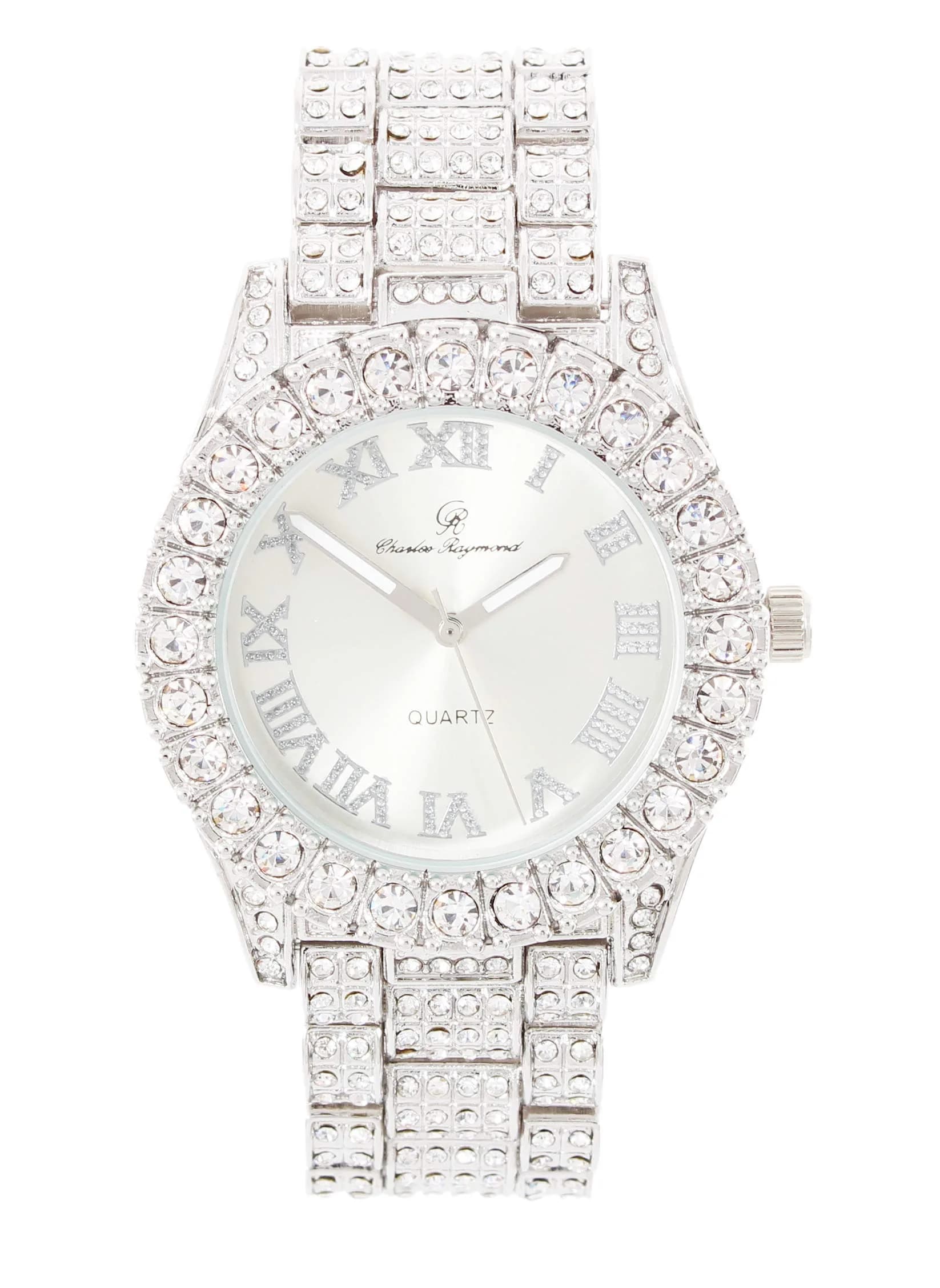 Charles Raymond Mens Silver Big Rocks with Roman Numerals Fully Iced Out Colorful Dial Watch - ST10327 RN Single (Shiny Gold) — Shiny Silver