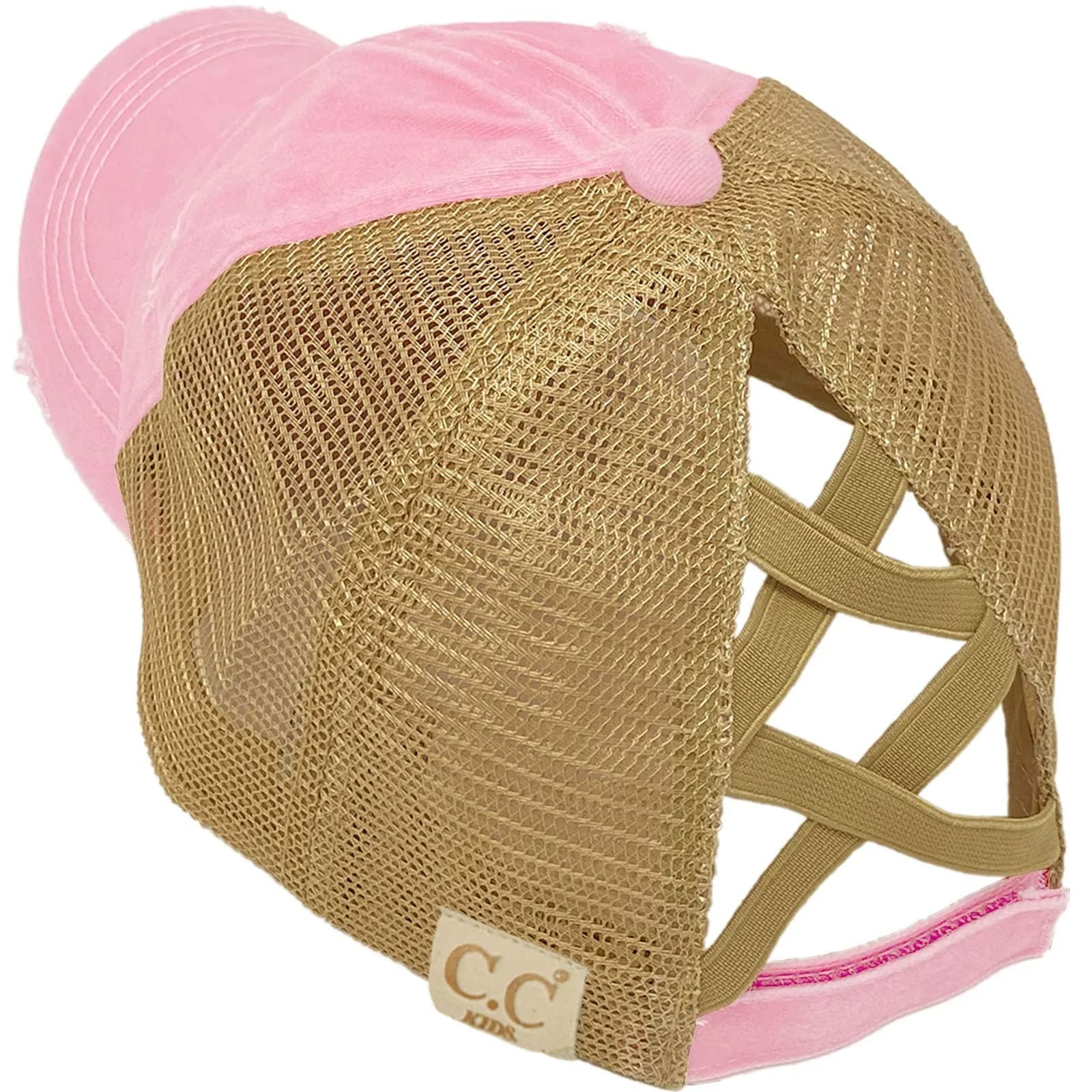 C.C Kids Messy Bun Ponytail Baseball Cap Hat with Criss-Cross Back & Ombre Glitter (One Size Fits Most, Purple Multi) — Criss Cross Distressed Baby Pink