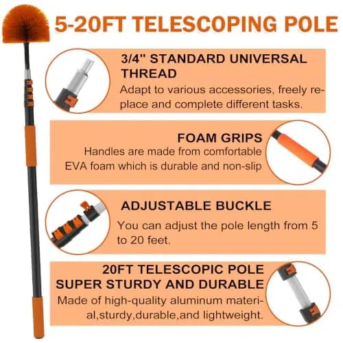 Buyplus Telescoping Cobweb Duster with 20ft Extension Pole | Cleans Up to 26ft High, Non-Shedding Bristles thumbnail 6