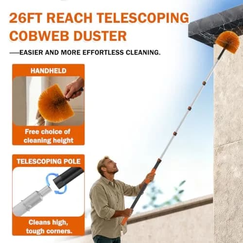 Buyplus Telescoping Cobweb Duster with 20ft Extension Pole | Cleans Up to 26ft High, Non-Shedding Bristles thumbnail 2
