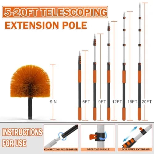 Buyplus Telescoping Cobweb Duster with 20ft Extension Pole | Cleans Up to 26ft High, Non-Shedding Bristles thumbnail 3