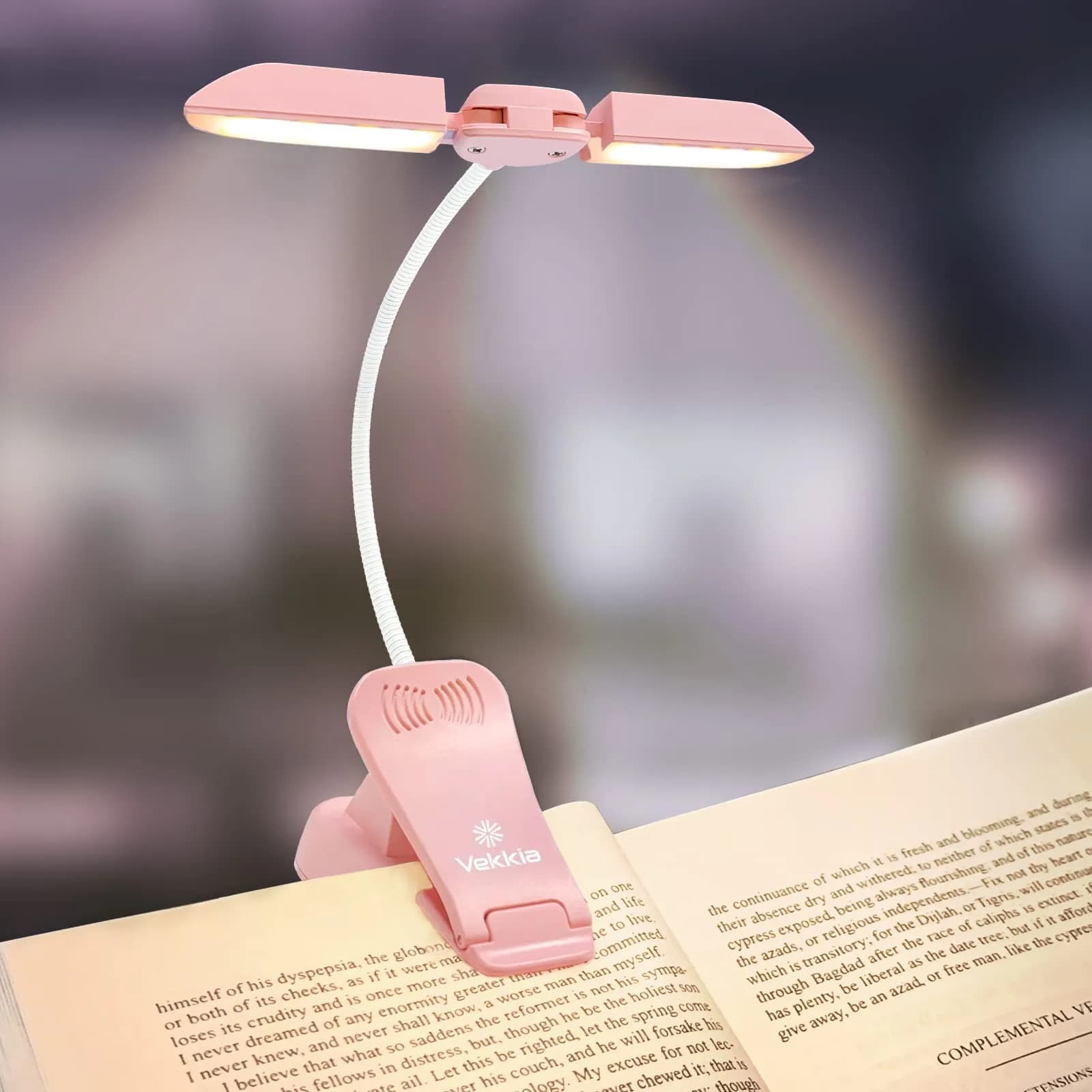 Vekkia 14 LED Rechargeable Book Light 10.1cm (4.0in) | 3 Color Modes, 3 Brightness Levels, Eye Care Lamp — Pink