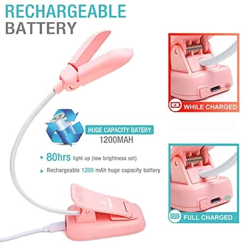 Vekkia 14 LED Rechargeable Book Light Pink | 70 Hrs Cordless Reading thumbnail 5
