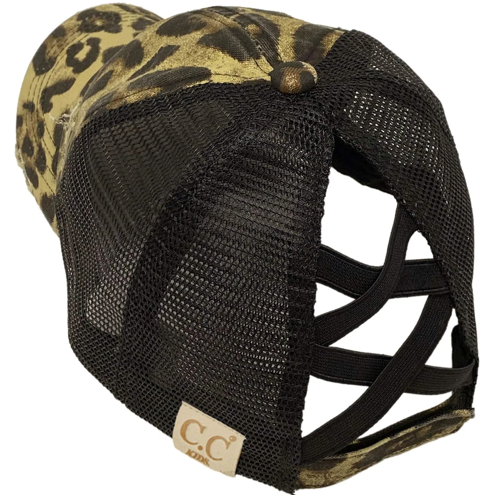 C.C Kids Messy Bun Ponytail Baseball Cap Hat with Criss-Cross Back & Ombre Glitter (One Size Fits Most, Purple Multi) — Criss Cross Distressed Leopard/Black