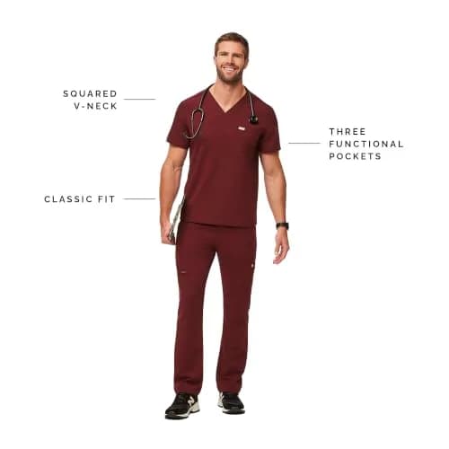 FIGS Chisec Three-Pocket Men’s Scrub Top – Burgundy, M | Technical Comfort & Durable Fit thumbnail 3