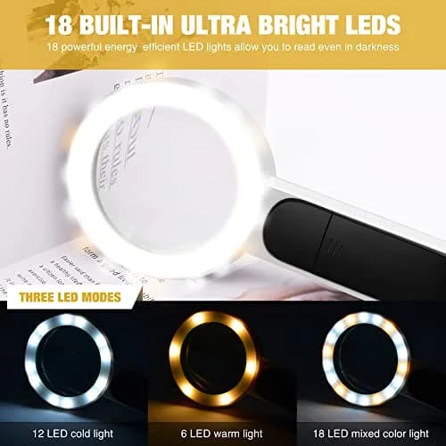 JMH Magnifying Glass with Light, 3.15 inch Lens | 18 LED Lights with 3 Modes thumbnail 6