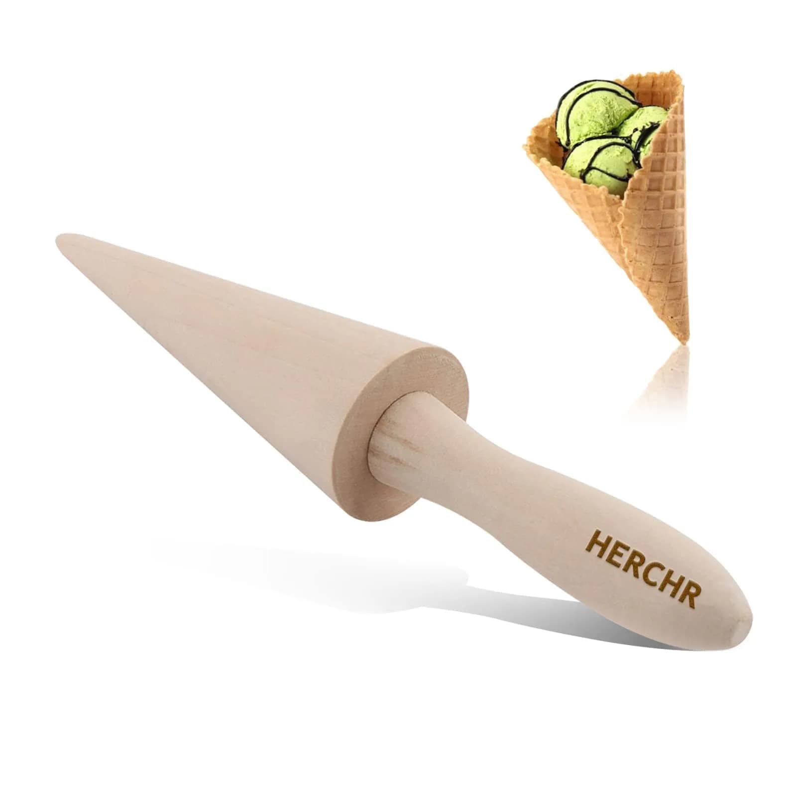 HERCHR Natural Wood Cone Roller for Pizzelles, Krumkakes & Ice Cream Cones | 23cm (9.1in) - main product image
