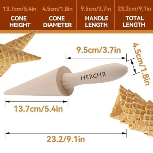 HERCHR Natural Wood Cone Roller for Pizzelles, Krumkakes & Ice Cream Cones | 23cm (9.1in) thumbnail 2
