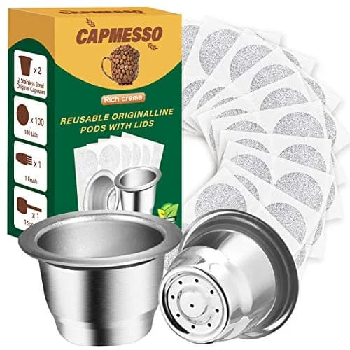 CAPMESSO Reusable Coffee Pods for Nespresso OriginalLine, Stainless Steel Refillable Capsules (2 Pods + 100 Lids) | Brew Your Perfect Espresso thumbnail 1