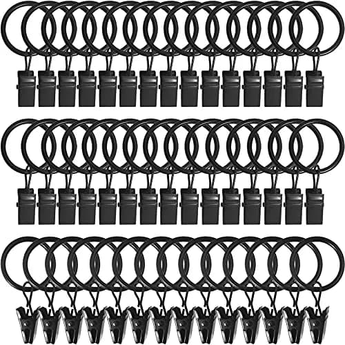 LLPJS Curtain Rings with Clips, 1 inch ID, 44 Pack, Black | Durable Metal Curtain Rings for Windows thumbnail 1