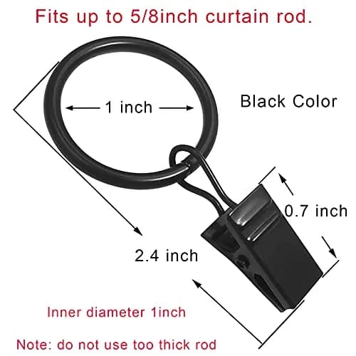 LLPJS Curtain Rings with Clips, 1 inch ID, 44 Pack, Black | Durable Metal Curtain Rings for Windows thumbnail 2