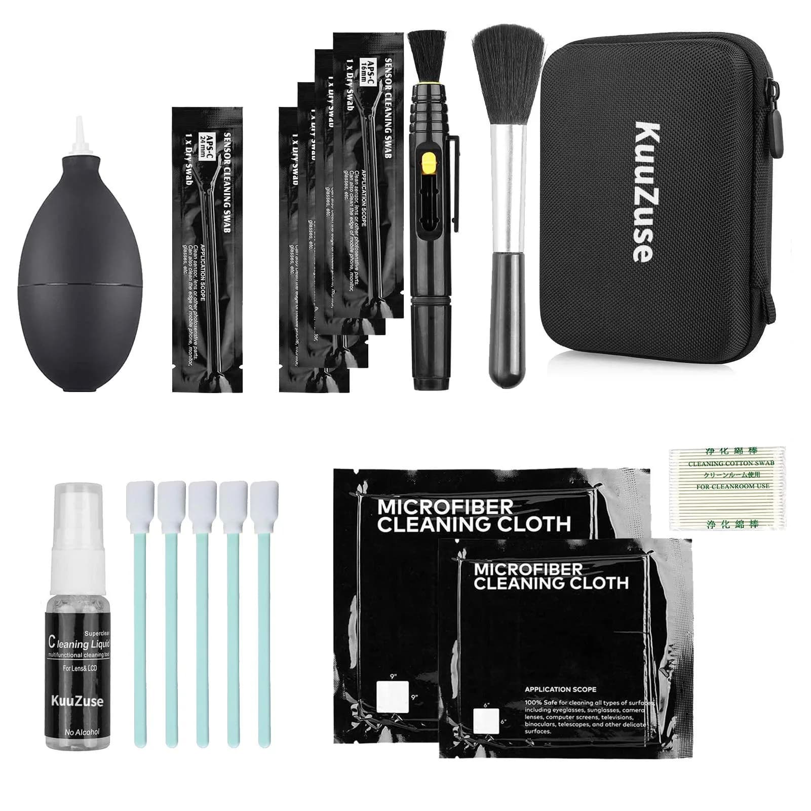 KuuZuse Camera Cleaning Kit for DSLR & APS-C Sensors | Microfiber Cloths, Lens Cleaner, Pen, Brush, Bag - main product image