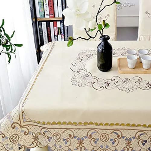 WELLYUK 57" x 57" (145 cm x 145 cm) Vintage Embroidered Brown Flower Classic Lace Square Tablecloth | Elegant Home Decor thumbnail 1