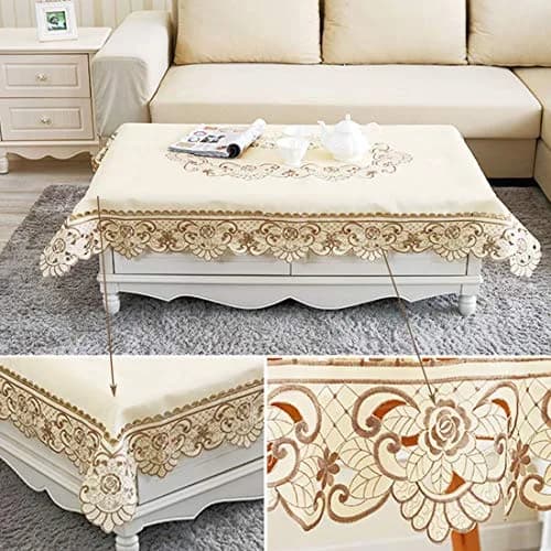 WELLYUK 57" x 57" (145 cm x 145 cm) Vintage Embroidered Brown Flower Classic Lace Square Tablecloth | Elegant Home Decor thumbnail 2