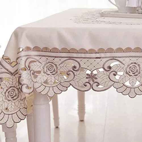 WELLYUK 57" x 57" (145 cm x 145 cm) Vintage Embroidered Brown Flower Classic Lace Square Tablecloth | Elegant Home Decor thumbnail 3