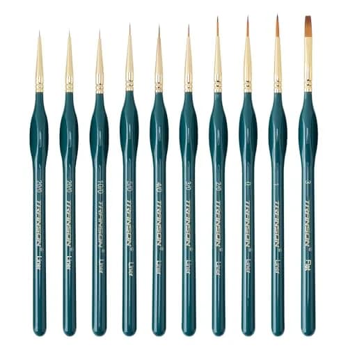 TRANSON 10Pcs Extra Fine Tip Detail Brushes for Model Miniature & Acrylic Watercolor | Precise, Nylon, Green thumbnail 1