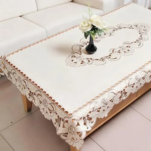 WELLYUK 57 Inch X 86 Inch Oblong Tablecloth, Vintage Embroidery Flower Lace, Brown Flower | Classic Rectangular Polyester Table Cloth thumbnail 1