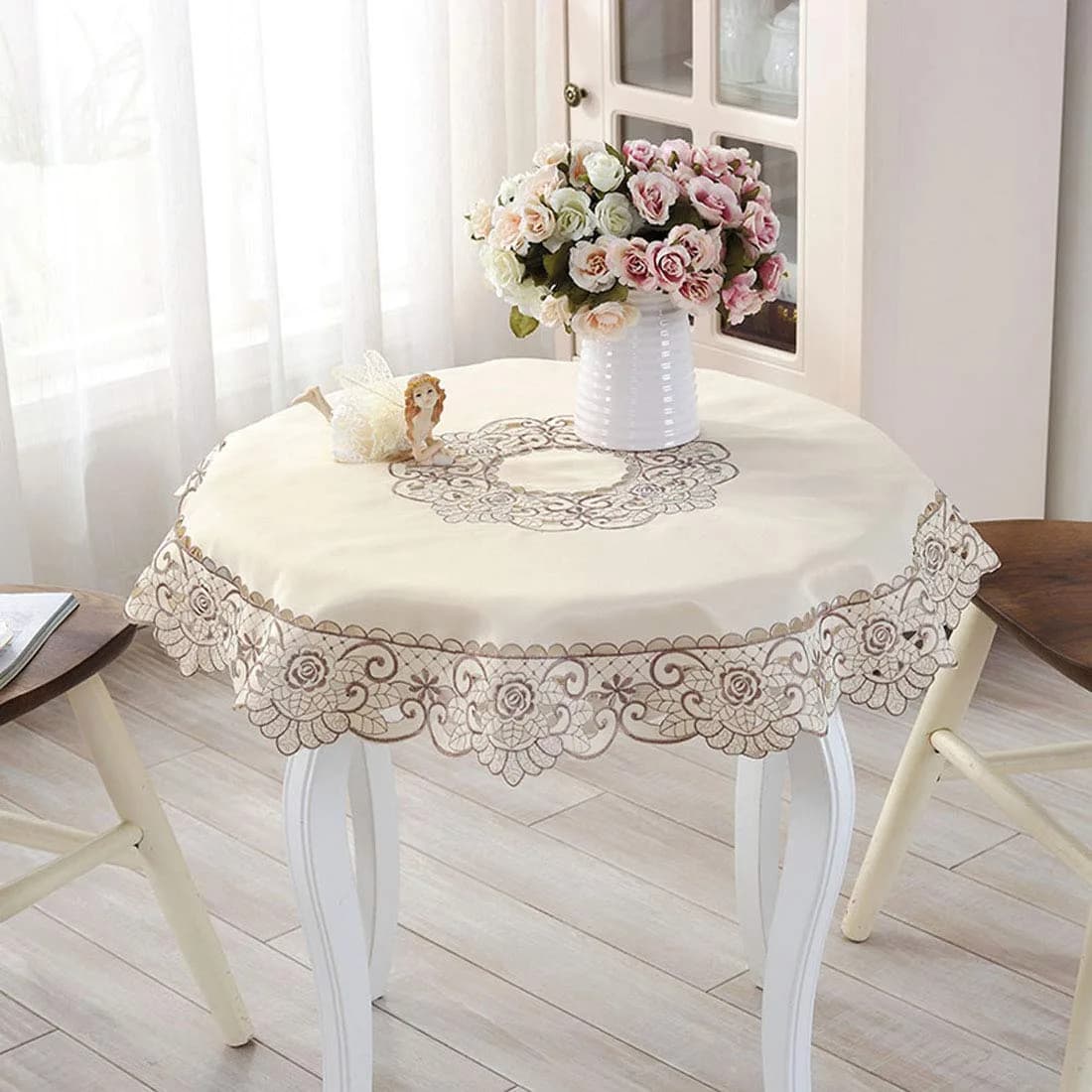 WELLYUK Embroidered Brown Flower Tablecloth 55cm (22 Inch) Square | Vintage Lace Style for Dining & Home Decor — Brown Flower / 15" (Round)