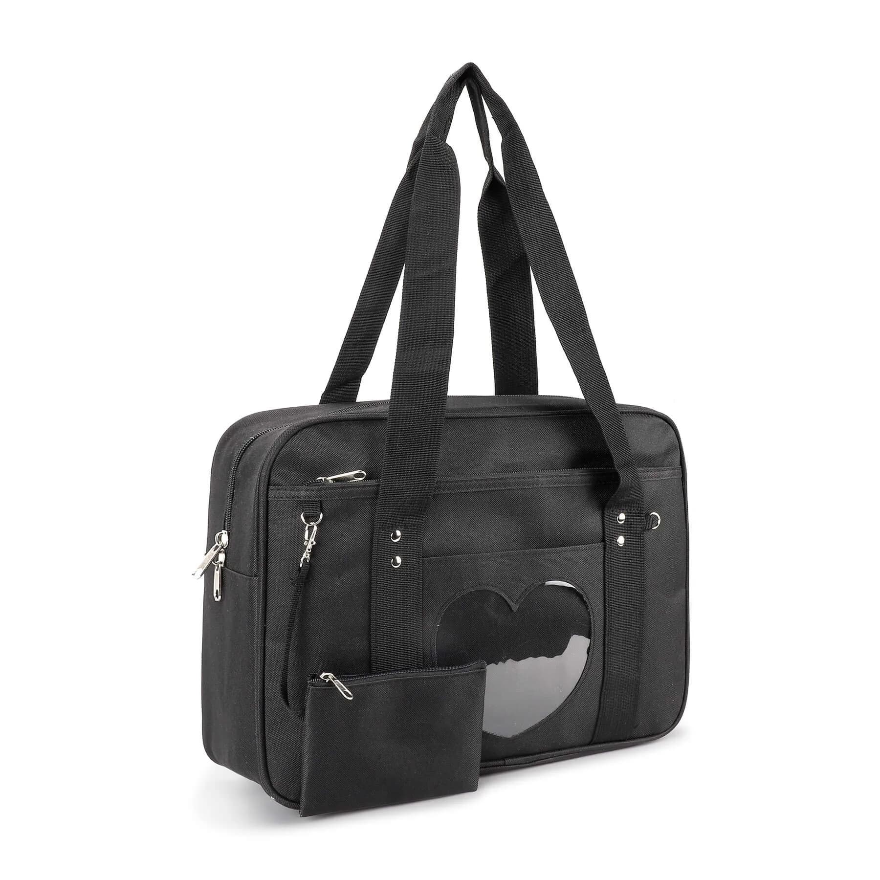 STEAMEDBUN Kawaii Ita Bag Japanese School Bag Large Shoulder Anime Heart Purse (Black) | Cute Tote for School & Travel