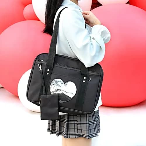 STEAMEDBUN Kawaii Ita Bag Japanese School Bag Large Shoulder Anime Heart Purse (Black) | Cute Tote for School & Travel thumbnail 2