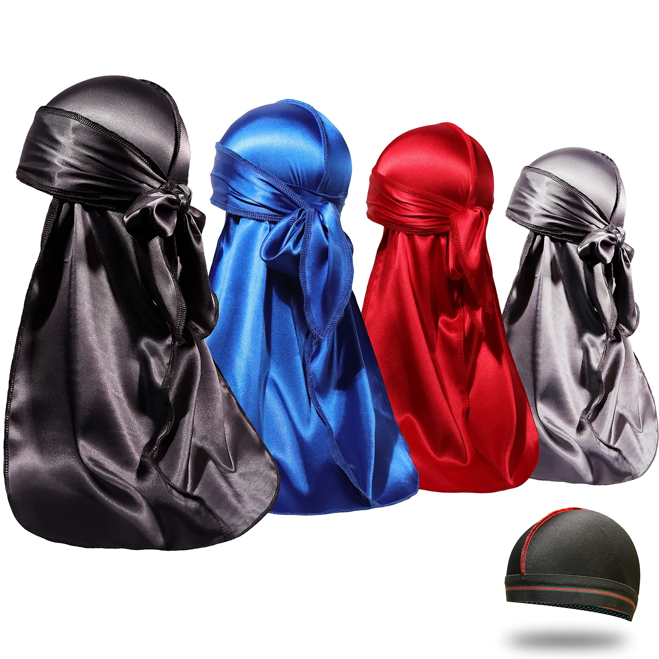 ForceWave Silky Durags and Wave Cap Set (5-Pack, Black Blue Pink Purple) | Moisture-Retaining Satin for 360 Waves — Black Blue Gray Red