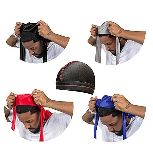 ForceWave Silky Satin Durags & Wave Cap Set for Men & Women - 4 Durags + 1 Cap (Black, Blue, Gray, Red) | Moisture-Retaining Fabric thumbnail 5