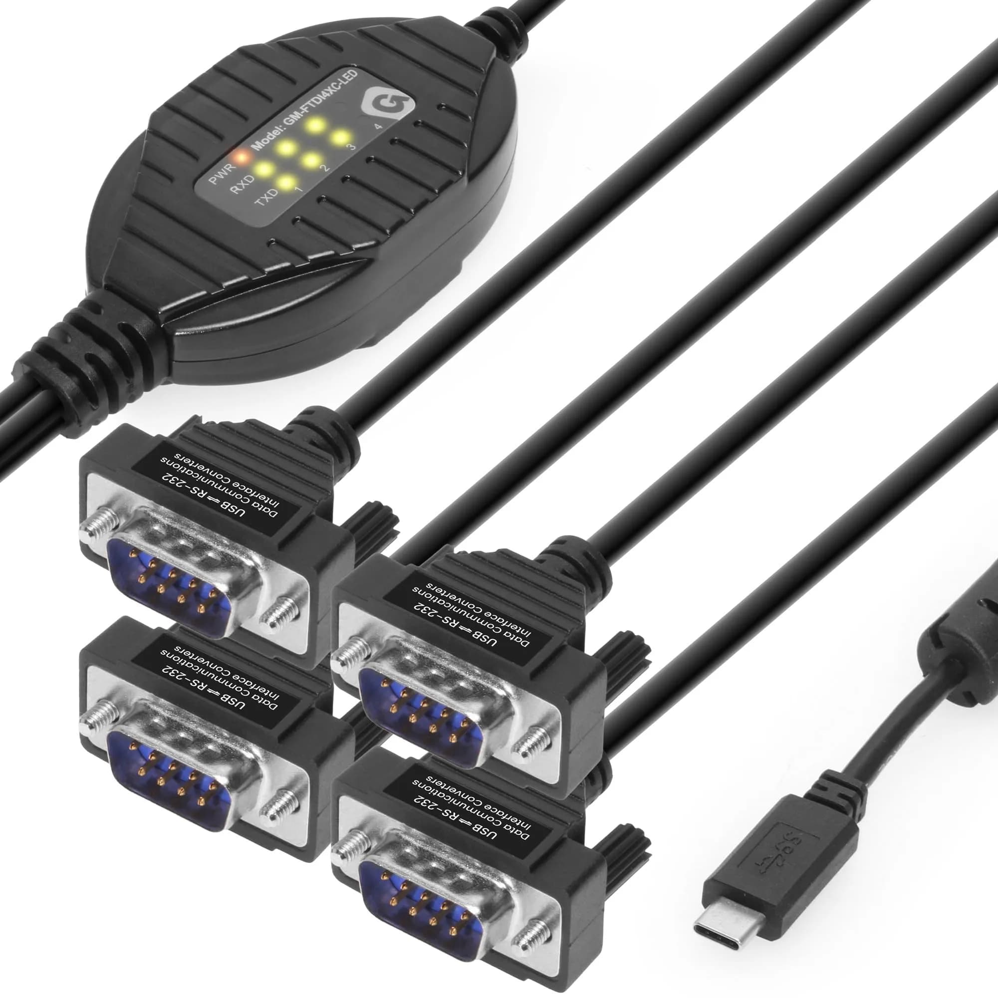 Gearmo 4 Port RS-232 to USB Adapter 1.5m (5ft) | FTDI Chipset, ESD Protection, 4x DB9 Connectors — Type C