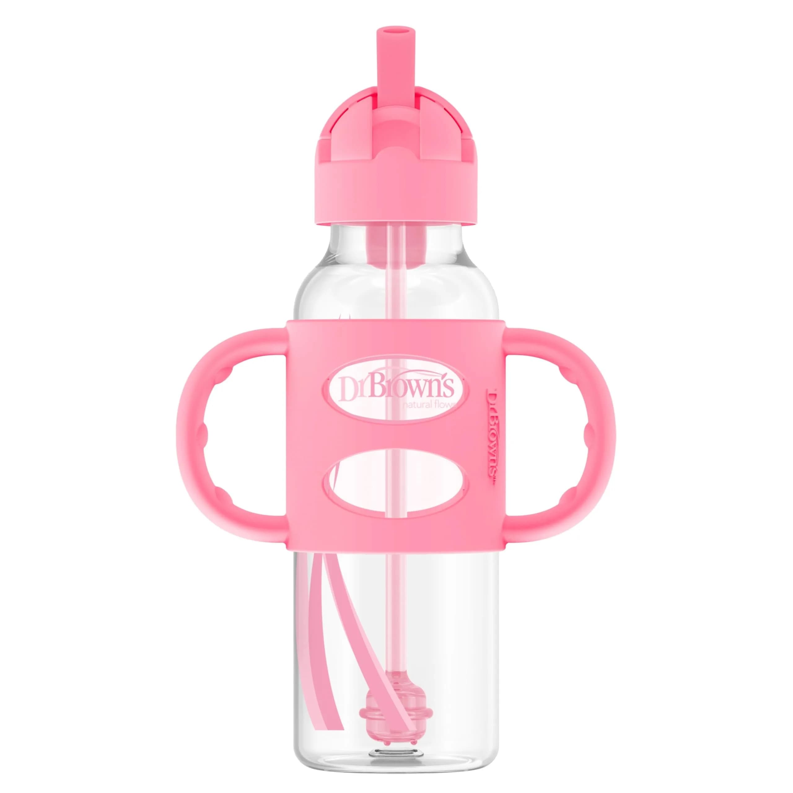 Dr. Brown's Narrow Sippy Straw Bottle with Handles, Pink, 8 oz | Transition & Motor Skill Development - main product image