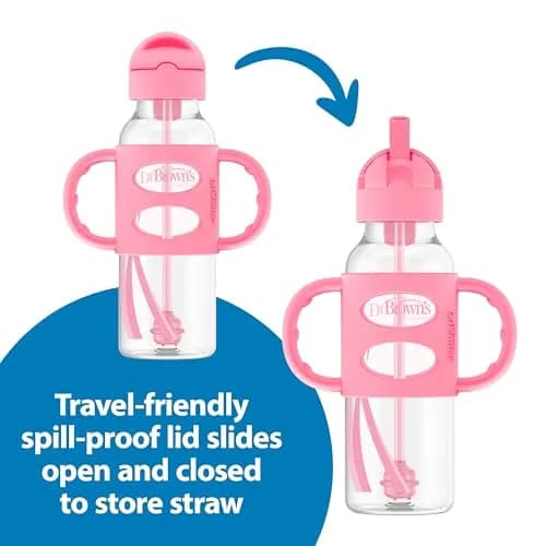 Dr. Brown's Narrow Sippy Straw Bottle with Handles, Pink, 8 oz | Transition & Motor Skill Development thumbnail 4
