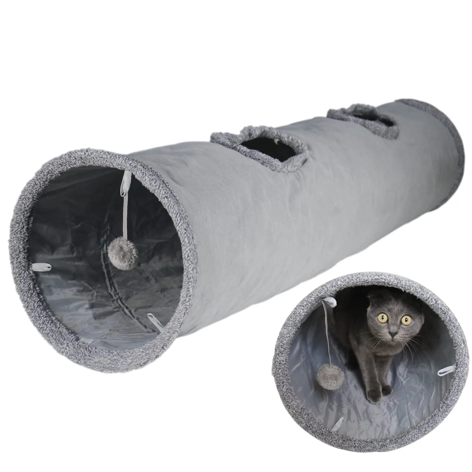 Terunat Cat Tunnel for Indoor Cats 51×12 inch Foldable Grey Suede Pet Tunnel with Two Peepholes and Bubble Ball