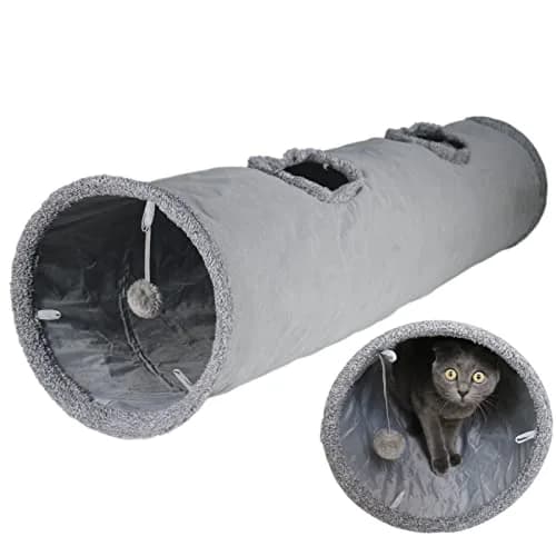 Terunat Cat Tunnel for Indoor Cats 51×12 inch Foldable Grey Suede Pet Tunnel with Two Peepholes and Bubble Ball thumbnail 1