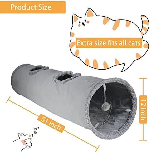 Terunat Cat Tunnel for Indoor Cats 51×12 inch Foldable Grey Suede Pet Tunnel with Two Peepholes and Bubble Ball thumbnail 4