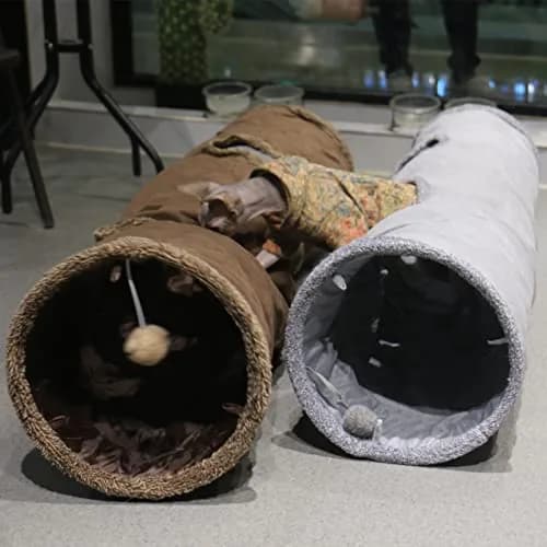 Terunat Cat Tunnel for Indoor Cats 51×12 inch Foldable Grey Suede Pet Tunnel with Two Peepholes and Bubble Ball thumbnail 6