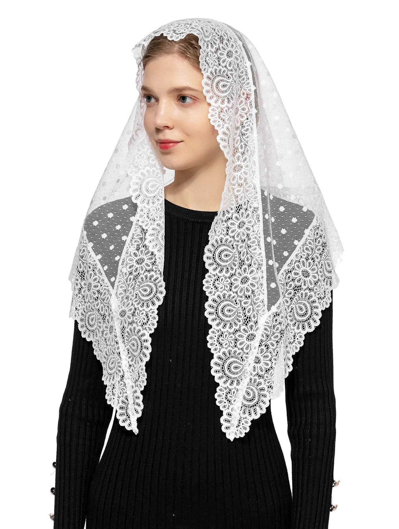 Wgior Triangle Lace Chapel Veil 54" Base x 25.5" Height | Vintage Inspired Mass Head Covering