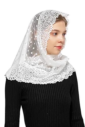 Wgior Triangle Lace Chapel Veil 54" Base x 25.5" Height | Vintage Inspired Mass Head Covering thumbnail 4