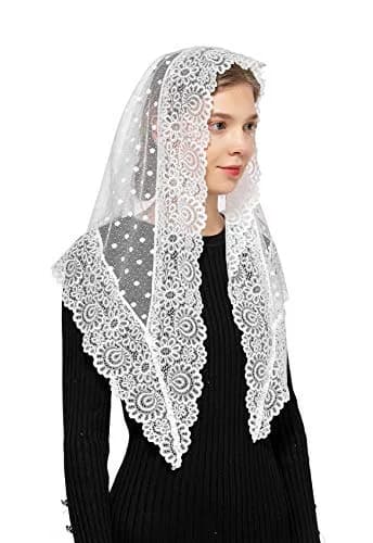 Wgior Triangle Lace Chapel Veil 54" Base x 25.5" Height | Vintage Inspired Mass Head Covering thumbnail 2