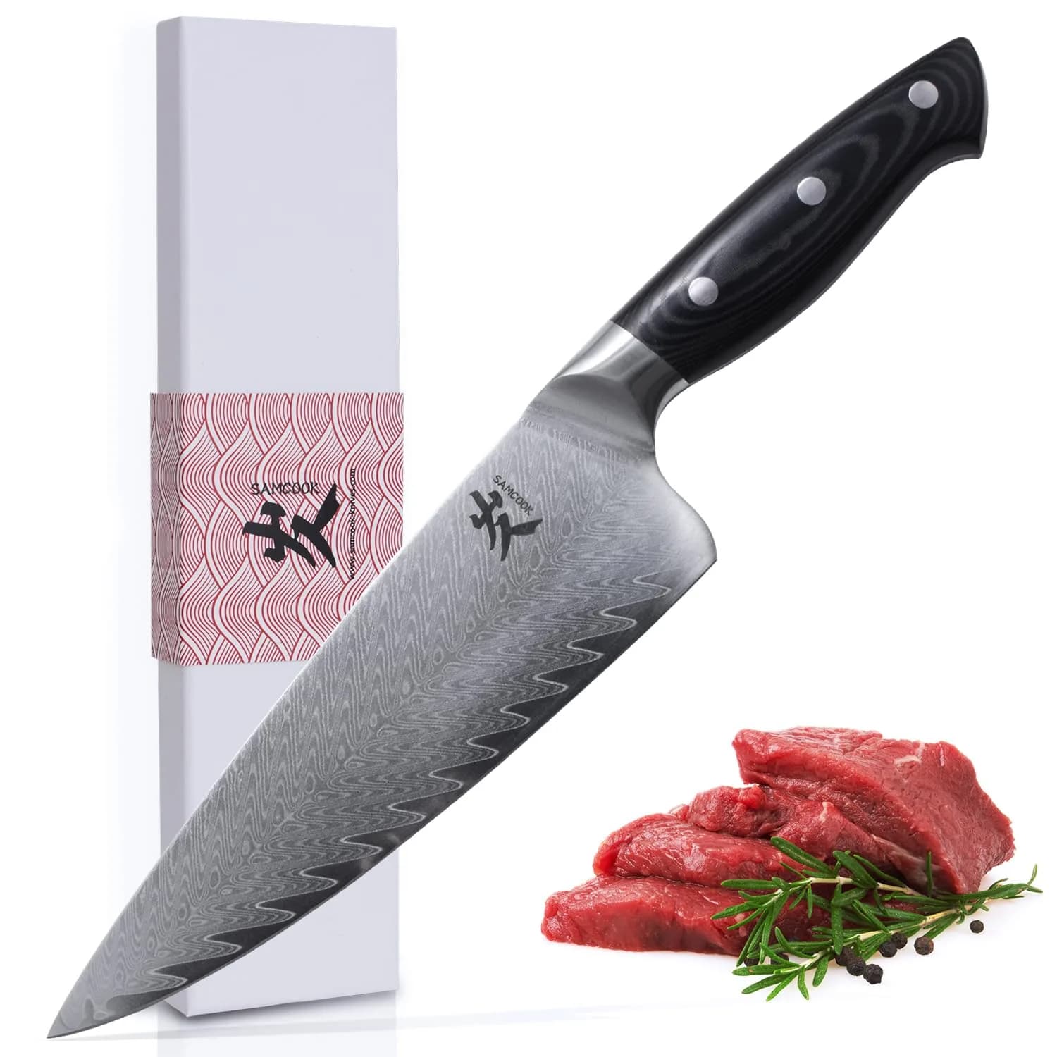 SAMCOOK Kiritsuke Chef Knife, 8 Inch Damascus Japanese Knife, 20.32 cm (8") | Forged High-Carbon Stainless Steel — Micarta Wood Handle