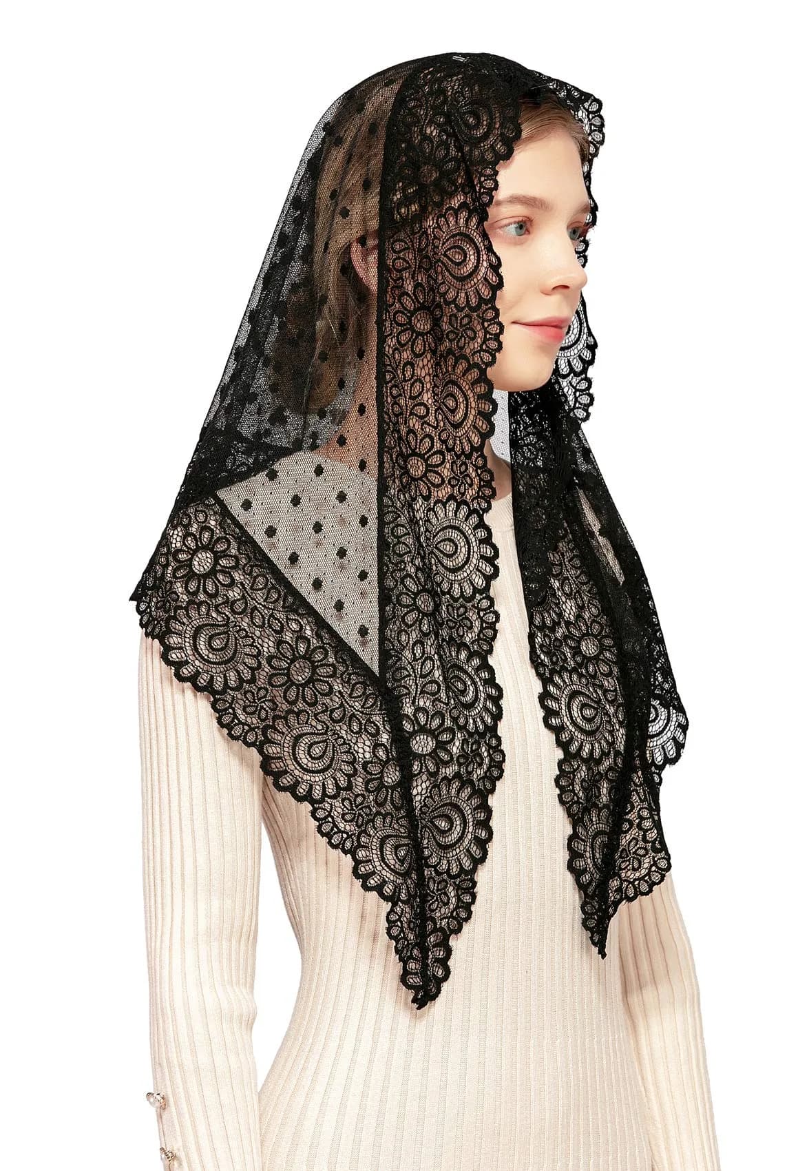 Wgior Triangle Vintage Inspired Lace Chapel Veils Black | Elegant Church Head Covering - main product image