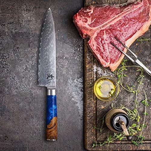 SAMCOOK 8 Inch Damascus Chef Knife | Japanese Gyuto Knife with Blue Resin Wood Handle thumbnail 7