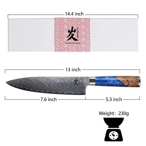 SAMCOOK 8 Inch Damascus Chef Knife | Japanese Gyuto Knife with Blue Resin Wood Handle thumbnail 2