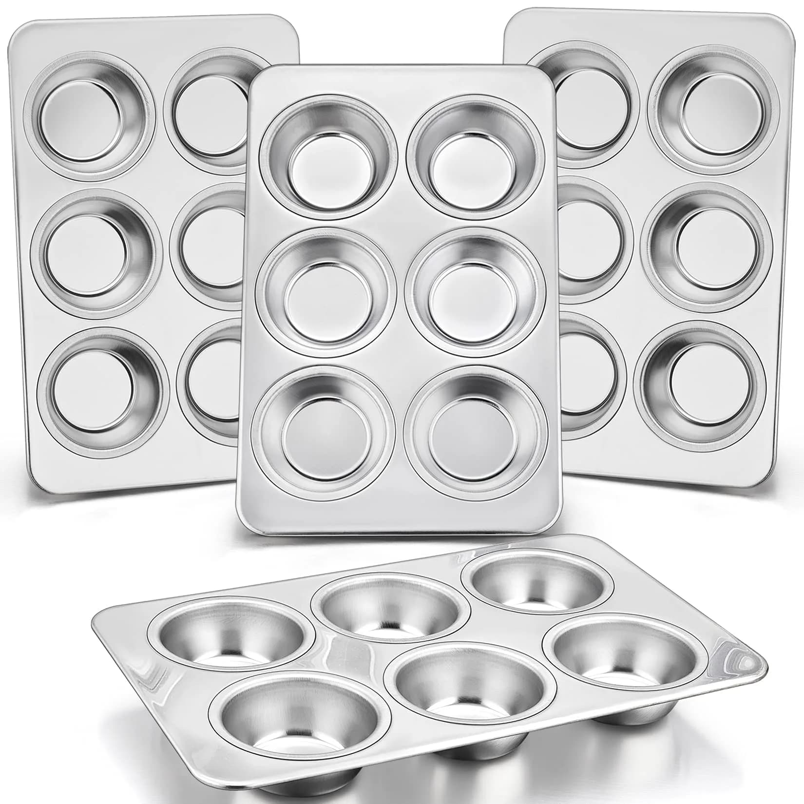 P&P CHEF 6-Cup Muffin Pan Tin, Stainless Steel Cupcake Pan, 2-Pack, 29.2cm x 18.7cm (11.4" L x 7" W) — Silver