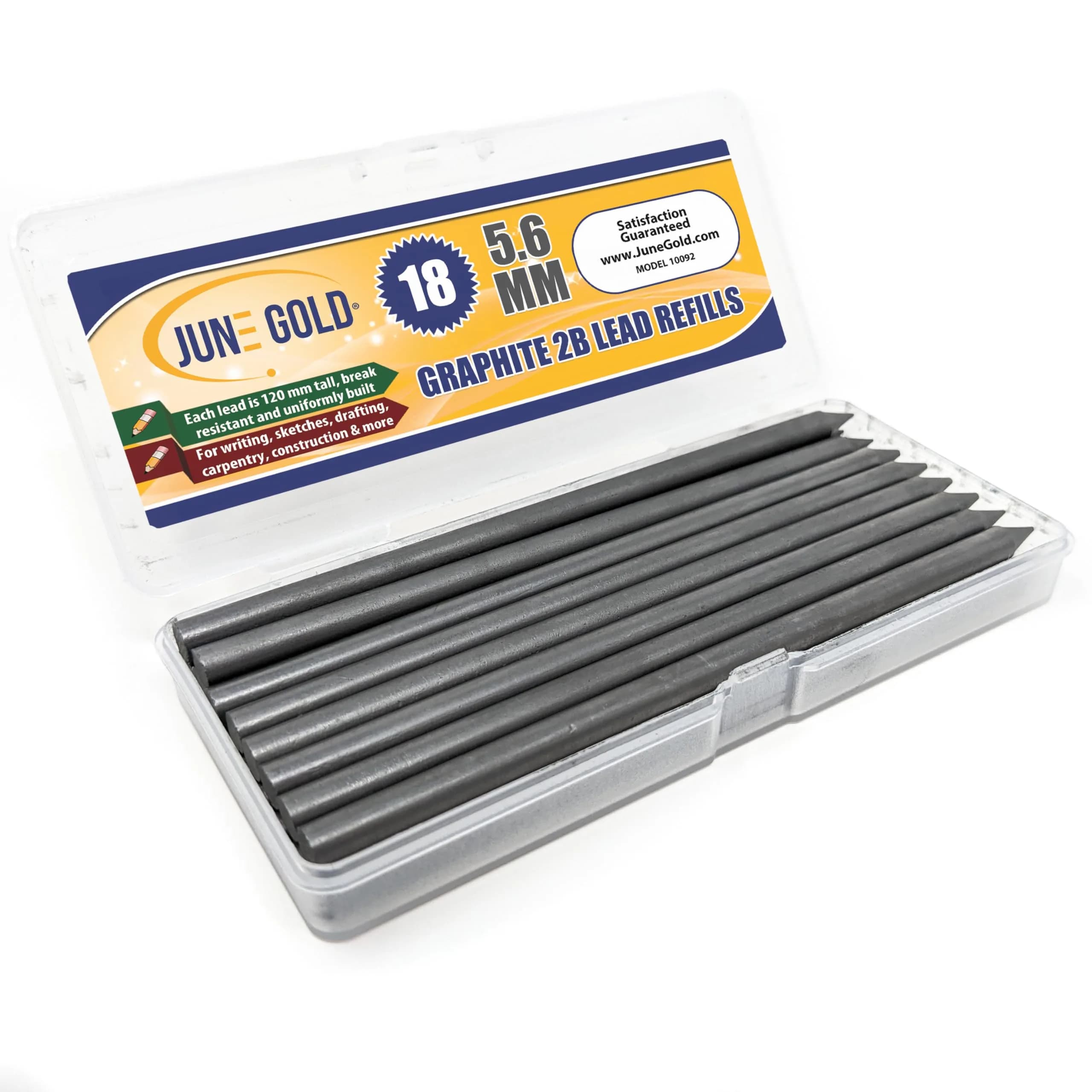 June Gold 5.6 mm 2B Lead Refills, 120 mm Length, 18 Count | Smooth Writing, Break Resistant