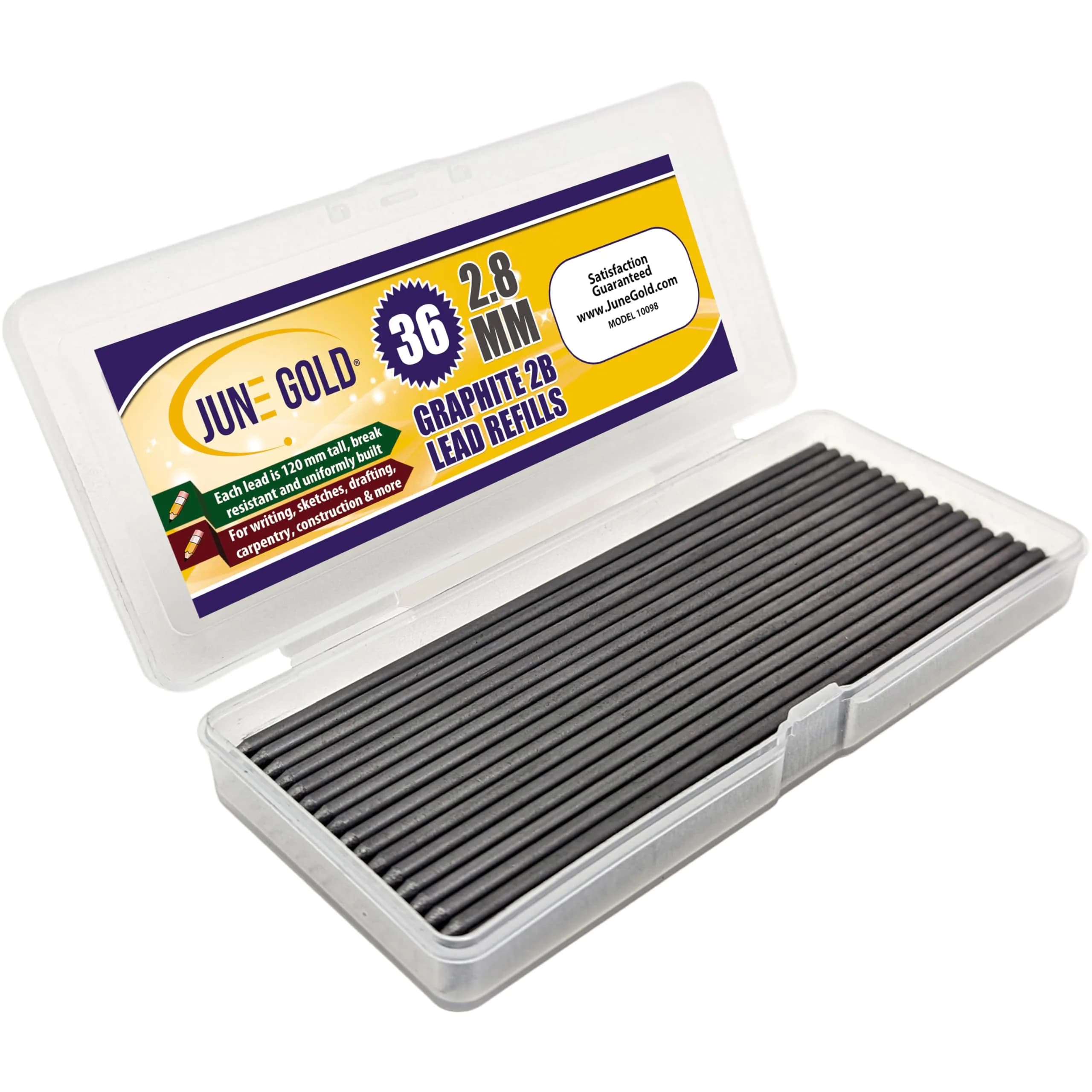 June Gold 2.8 mm 2B Graphite Lead Refills, 120 mm Length, 36 Count | Smooth Writing & Break Resistance
