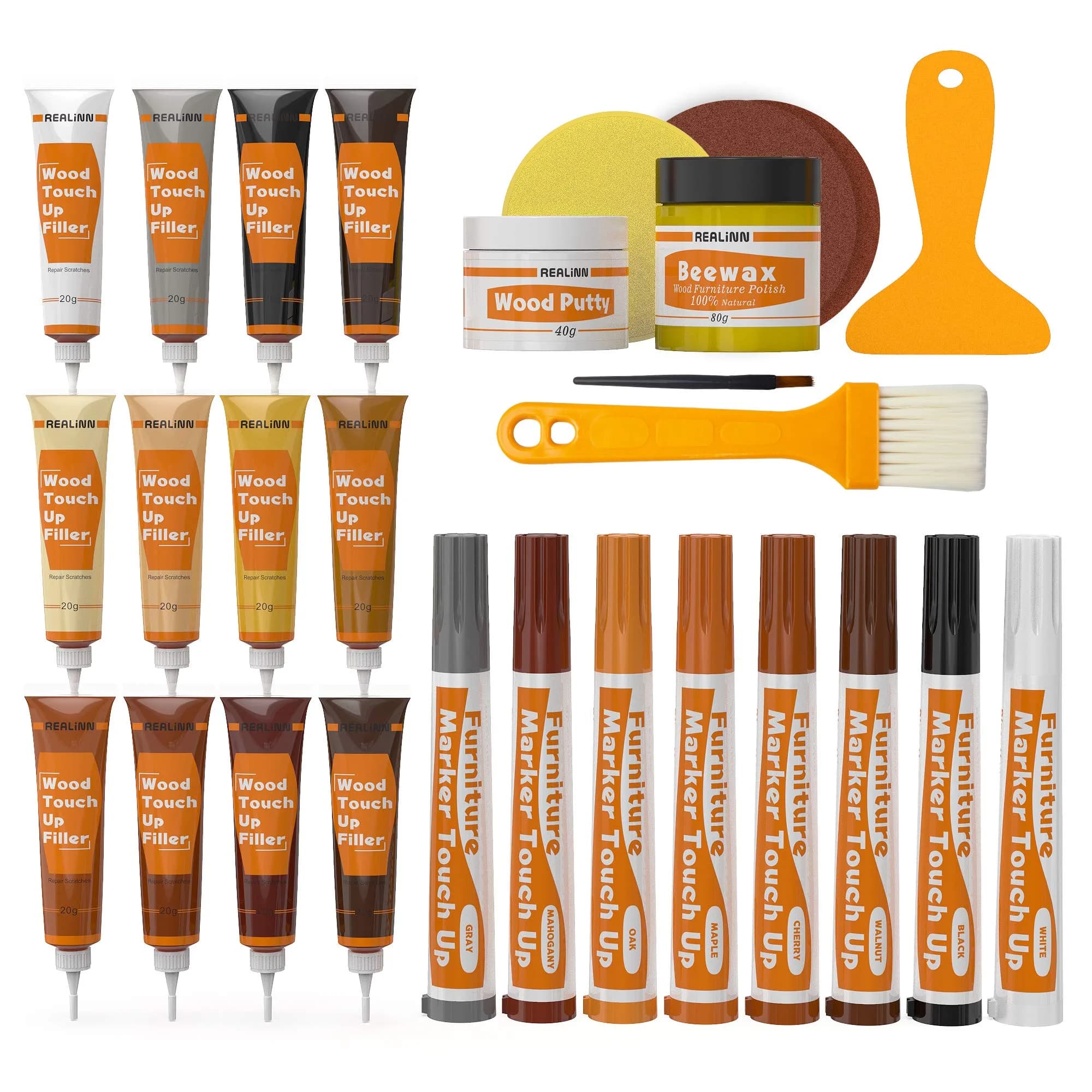 REALINN Wood Furniture Repair Kit- Set of 28 - Touch Up Markers | Fillers with Wood Putty for Scratch & Crack Repair